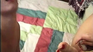 Busty curly brunette with big boobs fucks on couch