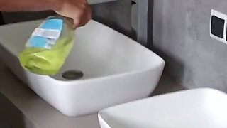 Junior Is Sitting at the Toilet and I Am Cleaning the Bathroom Naked in Front of Him