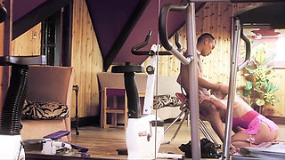 Hot blonde tight pussy slut seduces asian businessman and drains his balls empty in fitness room