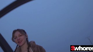 Naughty Sandra Sugar with pigtails fucks in a car for money