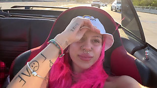 Town Slut Flashes Perky Boobs in Convertible on the Highway