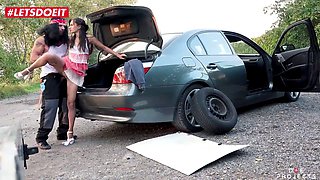 Watch Barely Legal Teen get tricked & fucked hard by Mechanic's big cock in lingerie