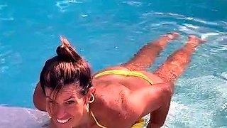 Busty curly brunette with big boobs fucks on couch