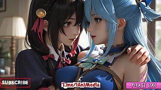 SFW Aqua and yunyun From konosuba soft show touching and kissing lesbian