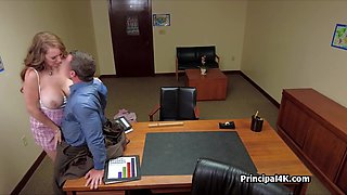 Mom calls husband while riding head teachers knob
