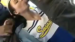 Asian guys fuck white cheerleader on bus