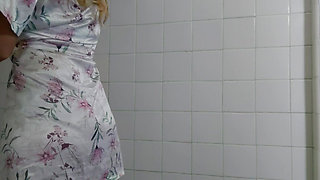 Step cleaning the bathroom on lingerie