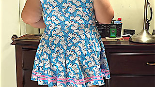 Woman in dress no panty showing off big fat pussy and huge ass after returning home after getting fucked by strangers