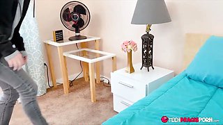 She pulls out his fatty cock and starts licking it from balls to tip - FULL SCENE ON https://TeenBracesPorn.com