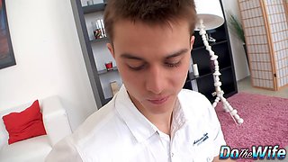 Neeo, the blonde housewife, takes a hard pounding from a lucky stud while her hubby watches in HD