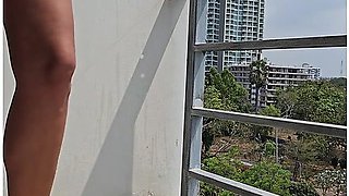 Net Dress No Bra No Panties Cleaning At Hotel Balcony