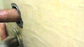 Glory hole oral sex with a random slut with blond hair in the toilet