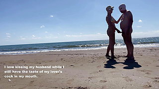Slut makes fun of her husband on the beach