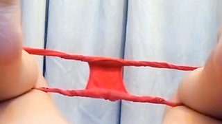 Blonde teen slut plays with a toy banana