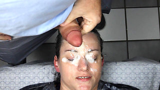 Eyes plastered shut with 2 big loads of cum