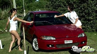 Car washing and swimming pool lesbian teen action outdoors