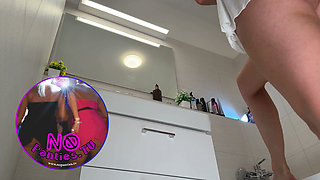Beautiful Yoga Teacher Hot Blonde in a Half Transparent Mini Dress Goes Full Naked in the Bathroom