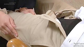 He puts a collar on the slave and fingers him, then thrusts it deep into his throat and fucks him.