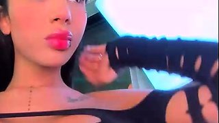 Tranny with Big Tits Jerking Off her Big Cock