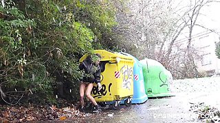 Gorgeous angel in a leather jacket Mini Mitzi X is pissing outdoors