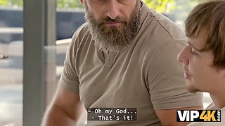 Elias K Upper watches Una Fairy's natural tits bounce while she sucks and fucks her BF's old man