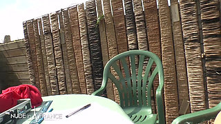 Skinny french arab slut with tiny tits in fishnet stockings gets screwed up and cum covered after a good rimming in the garden