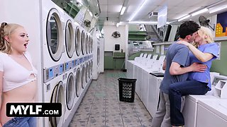 Blond step mummy & step daughter take turns fucking teenie hard stud - mylf