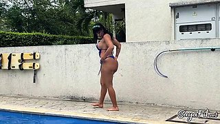 SayaFit seduces neighbor in a beautiful bikini and her big Latina ass by the pool - anal