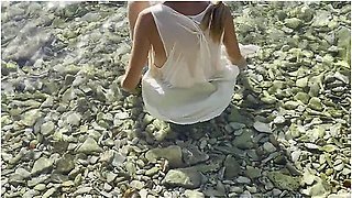 Extremely Sexy Wife With Wet Shirt On The Beach Exposing Boobs And Pierced Nipples Public