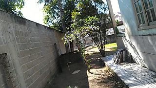 My wife pissing naked outside while she is walking around