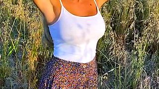 Blonde is flashing her big boobs in the outdoors