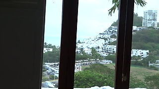 On vacation at the beach, stepmom flashes herself in front of stepson so he can jerk off while she rests