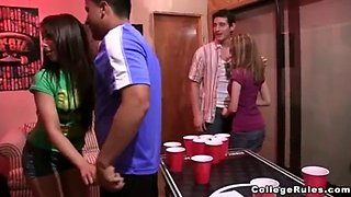 Tight college teen gets a mouthful of pong and blowjobs at a wild party