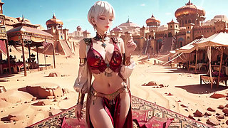 Desert Fantasy! Silver-haired Saintess's Private Dance in the Red-gold Palace, Light Ribbons Wrapping Around Her.