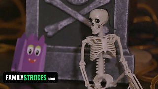 Step-father & daughter-in-law are giant bad wolf & little crimson riding hood for halloween & stepmom is envious