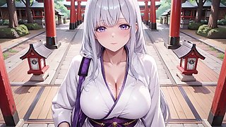 Silver-haired Miko Shrine Secrets! Half-unbuckled White Kimono, Getting down on all fours Poses and Mighty Eye Contact.