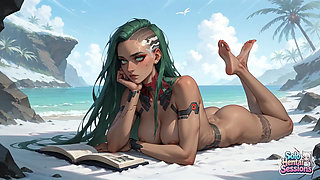 Green Hair Cybernetic Babe Sips Coffee on the Beach