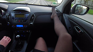 Stepmom in nylons on a car ride with stepson