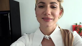 Sexy blonde with pinkg stockings