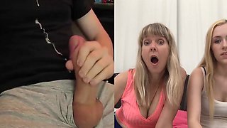 A mom and a daughter are watching a dude jerking off