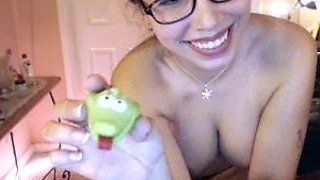 Busty curly brunette with big boobs fucks on couch