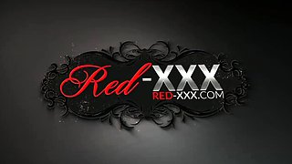 Red XXX masturbates in her retro dress