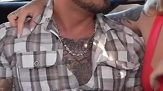 Anal Threesome in the Car with Massive Huge Cock Driver