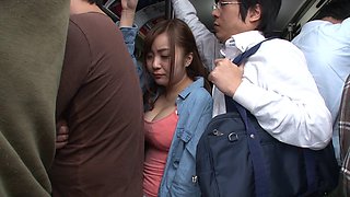 Busty Japanese amateur in a short skirt gets throbbed in the toilet