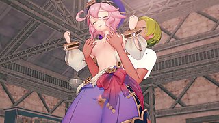 Genshin Impact Dori in a 3D hentai animation featuring fingering, handjob, and blowjob