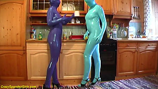 Sexy lesbian real spandex catsuit girls at home