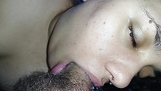 Bubbling a lot of hot spit while sucking his hard cock to the bottom, licking it all up with his blowjob