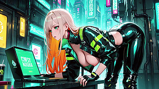 Neon Rain Night! Blonde Agent in Wet Leather Crouching Low, Holographic Glow & Cold Glances.