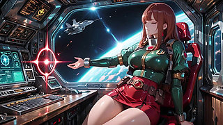 Redhead Commander in Green Sci-fi Uniform! Lazy, Teasing Vibes While Playing with Candlelight on the Spaceship Bridge.