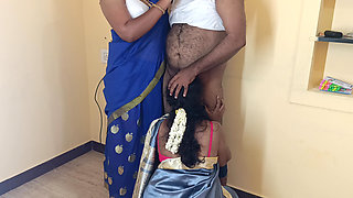 Housewife and maid threesome in living room